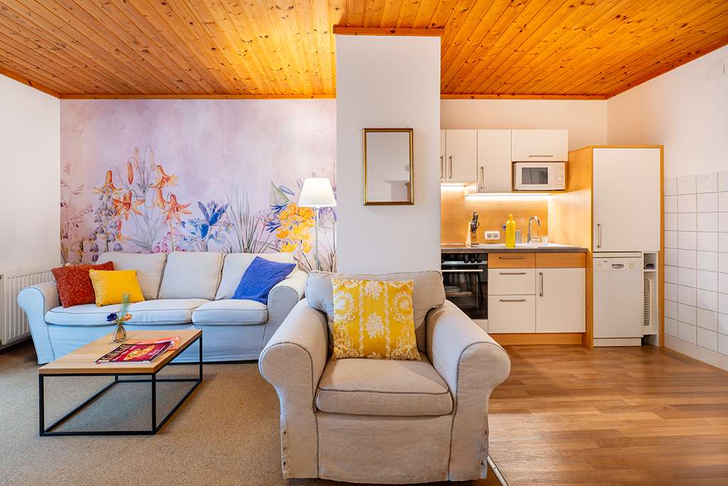 Zimmer mit Bett und Küche